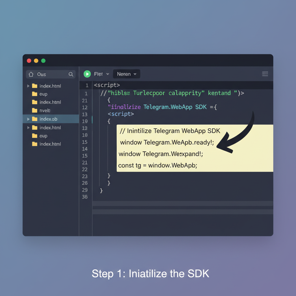 Code editor with Telegram WebApp SDK init script highlighted