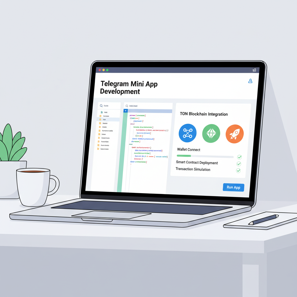 Telegram Mini App development setup on laptop, TON blockchain icons, modern UI dashboard