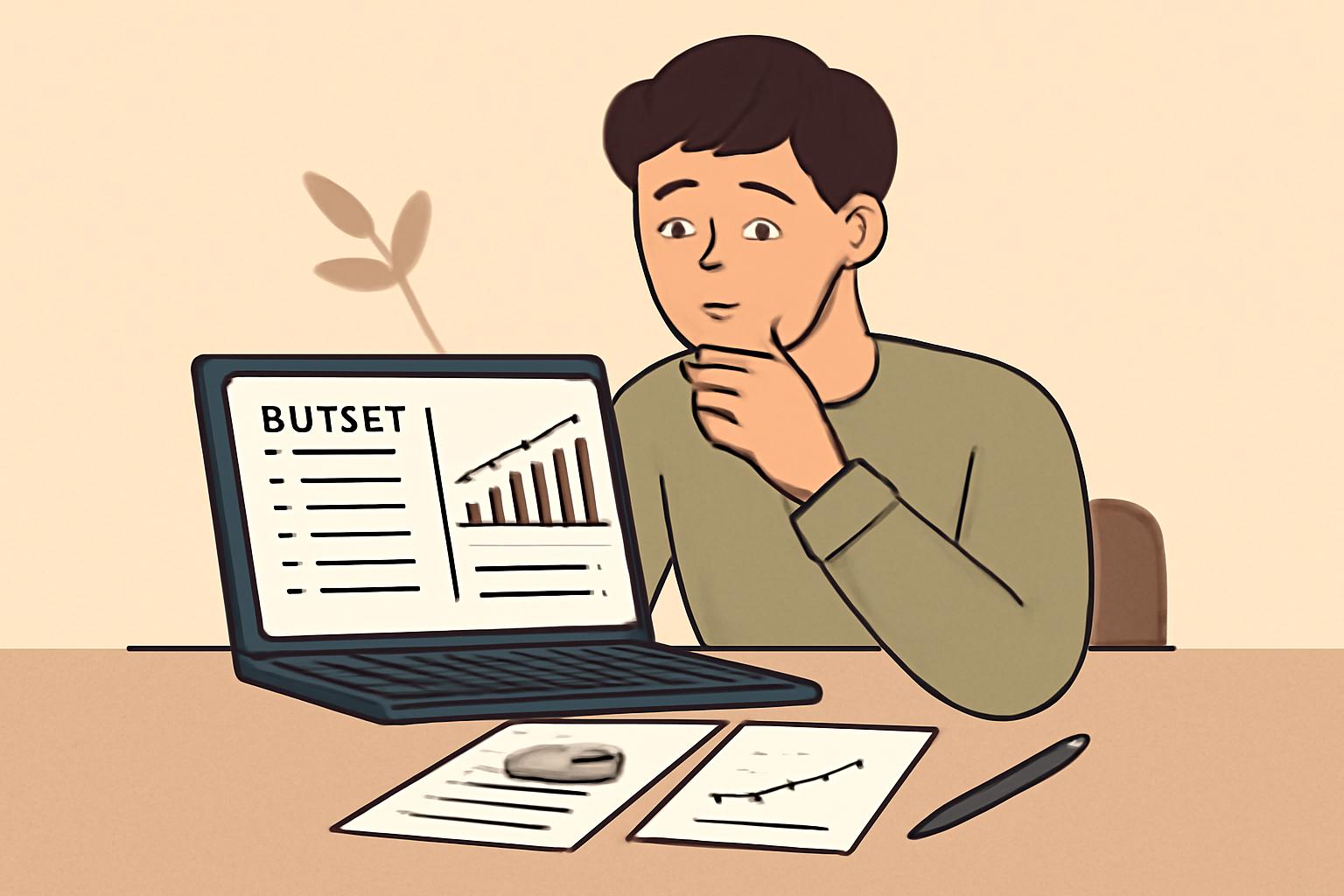 beginner investor thoughtfully reviewing budget and charts on laptop, calm supportive vibe