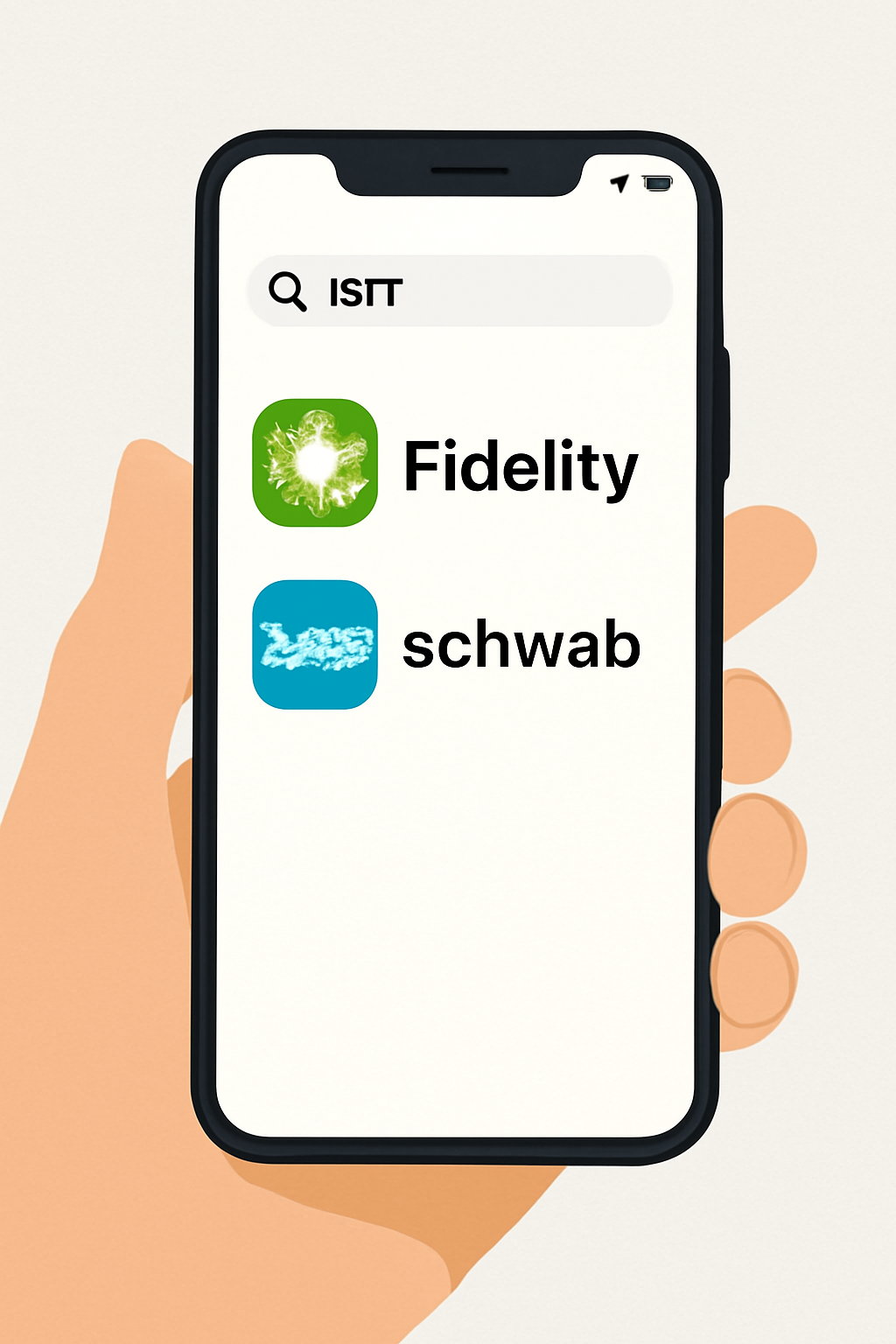 smartphone screen showing brokerage apps like Fidelity and Schwab with IBIT search