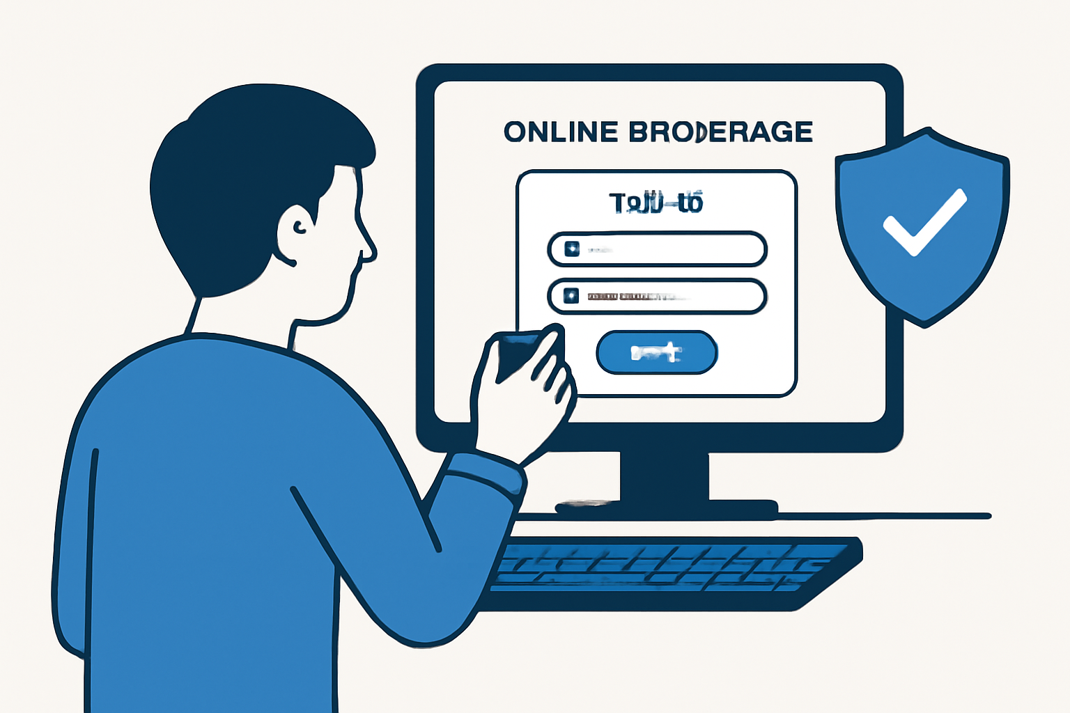 person completing online brokerage signup form on computer, secure checkmark