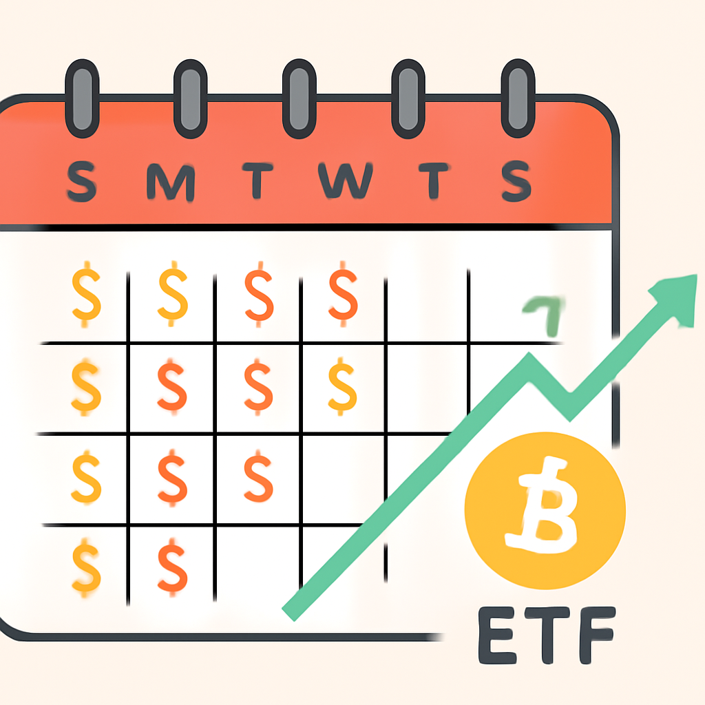 calendar with weekly dollar signs investing into Bitcoin ETF chart rising