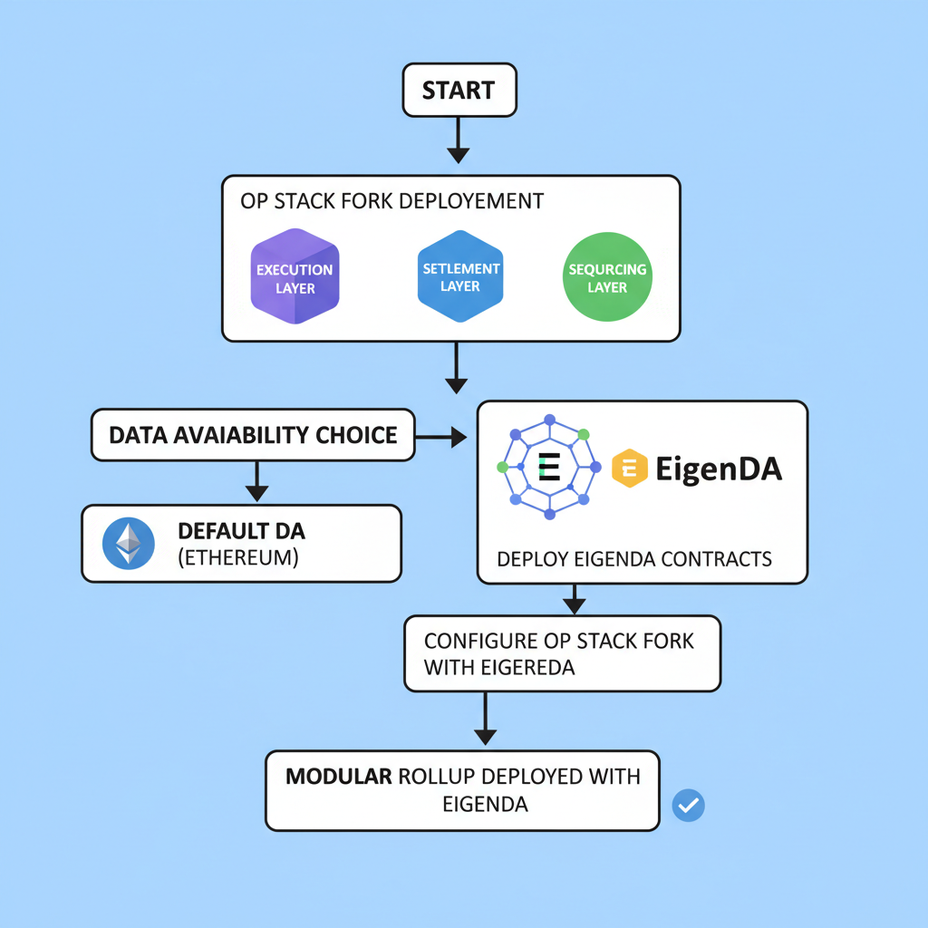 OP Stack fork deployment flowchart with EigenDA integration, modular blockchain icons, precise schematic