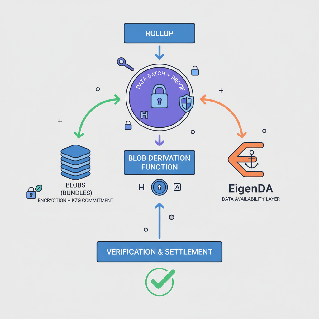 secure blob derivation process visualization, data flow from rollup to EigenDA, cryptographic elements