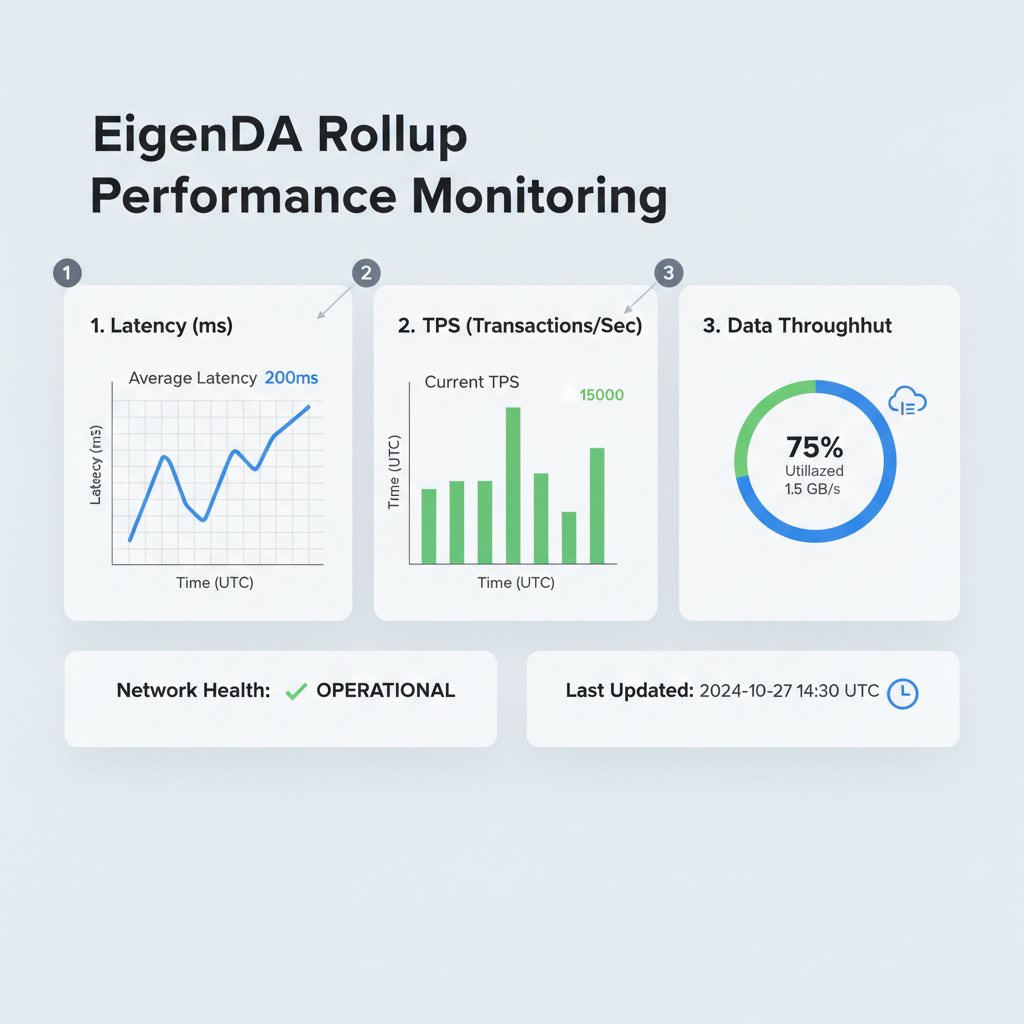 performance monitoring dashboard for EigenDA rollup, graphs of latency TPS, modern UI analytics