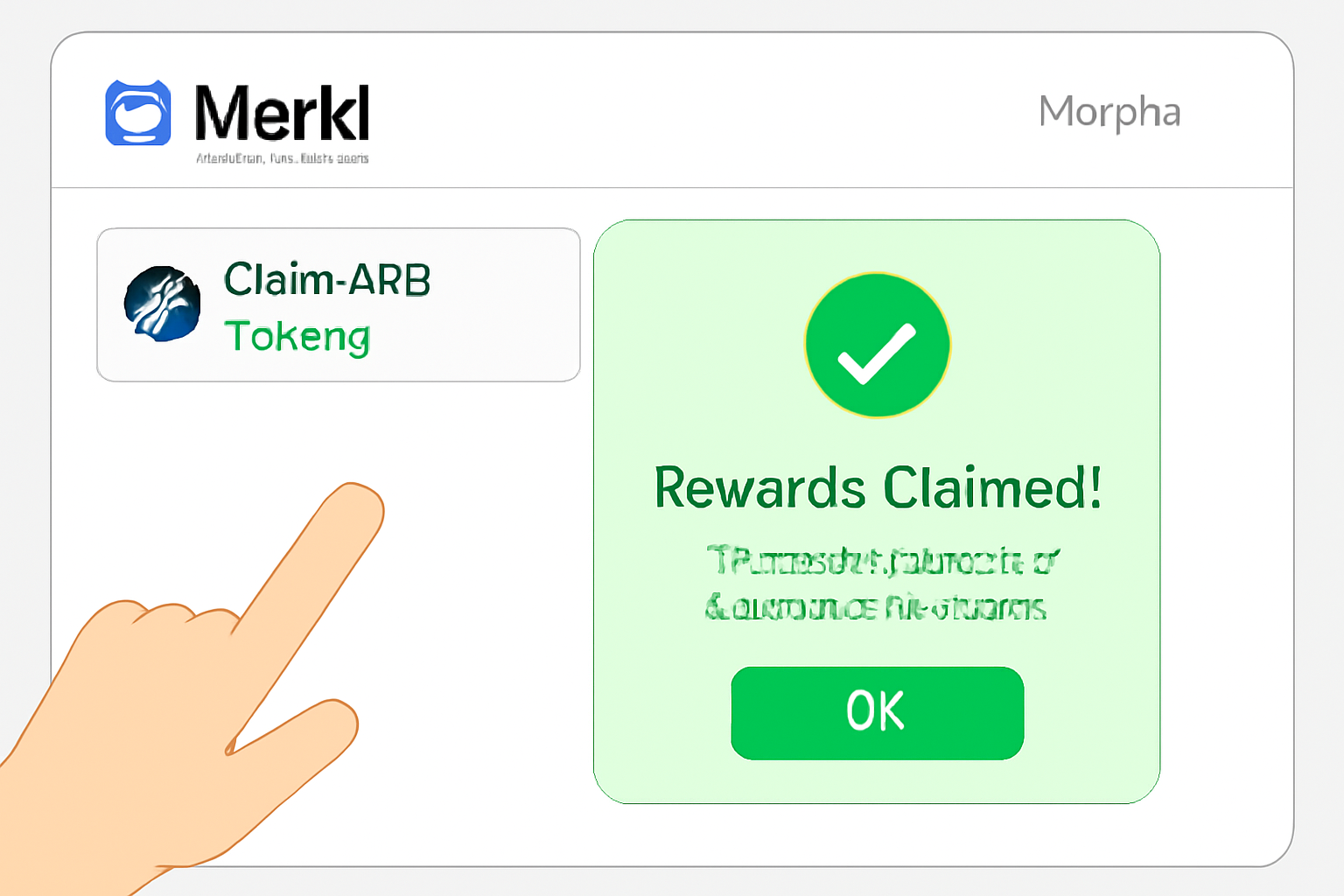 User claiming ARB tokens on Merkl dashboard connected to Morpho, reward notification popup, green success theme