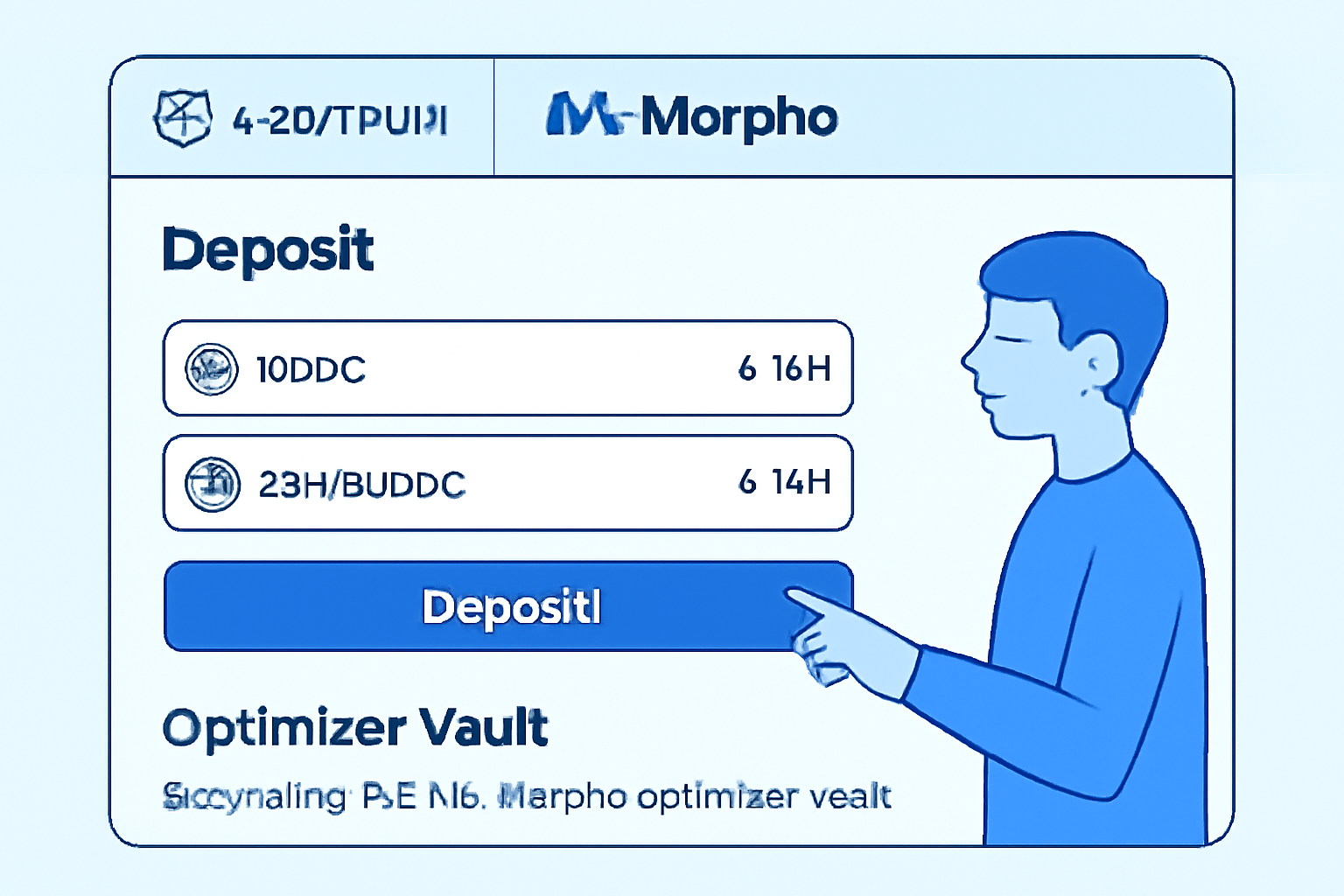DeFi user depositing USDC and syrupUSDC into Morpho optimizer vault interface on Arbitrum, clean UI screenshot style, blue tones