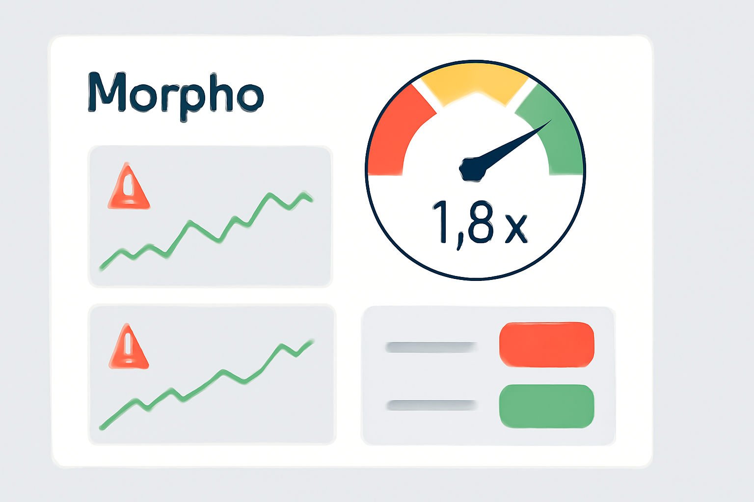 Health factor gauge at 1.8x on Morpho dashboard, monitoring charts with alerts, red-green safety indicators