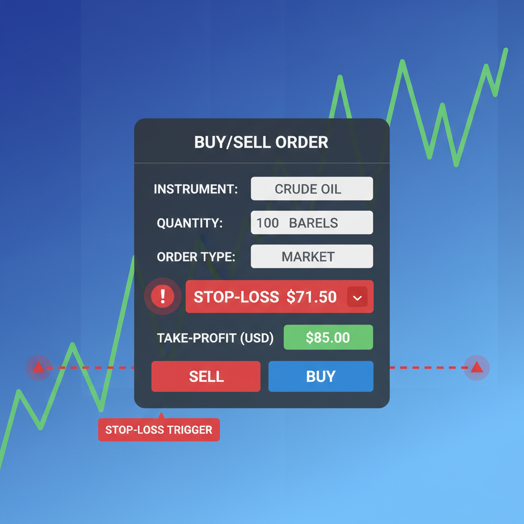 trading order panel with stop-loss set at $71.50 on oil chart, red warning indicators