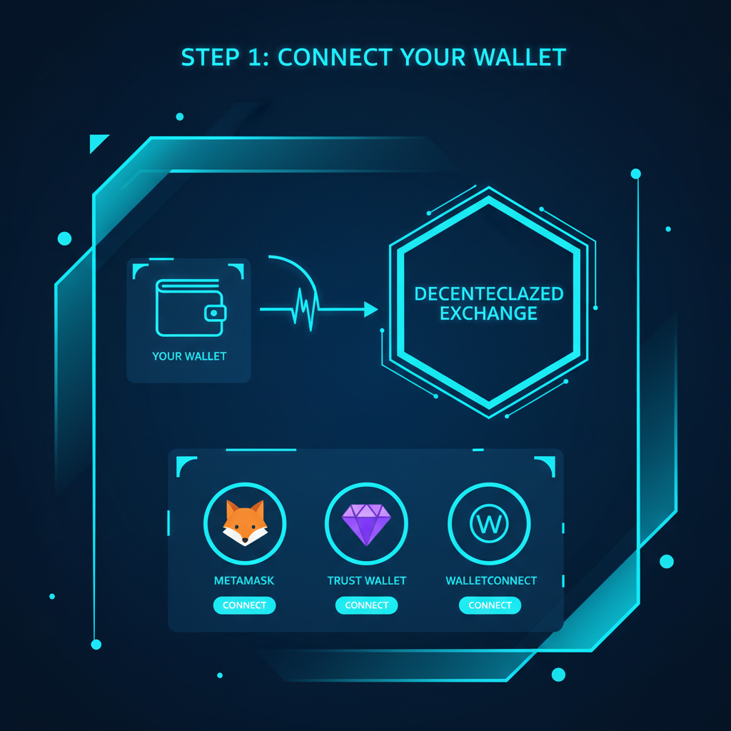 sleek crypto wallet connection interface on decentralized exchange, futuristic UI, neon blues