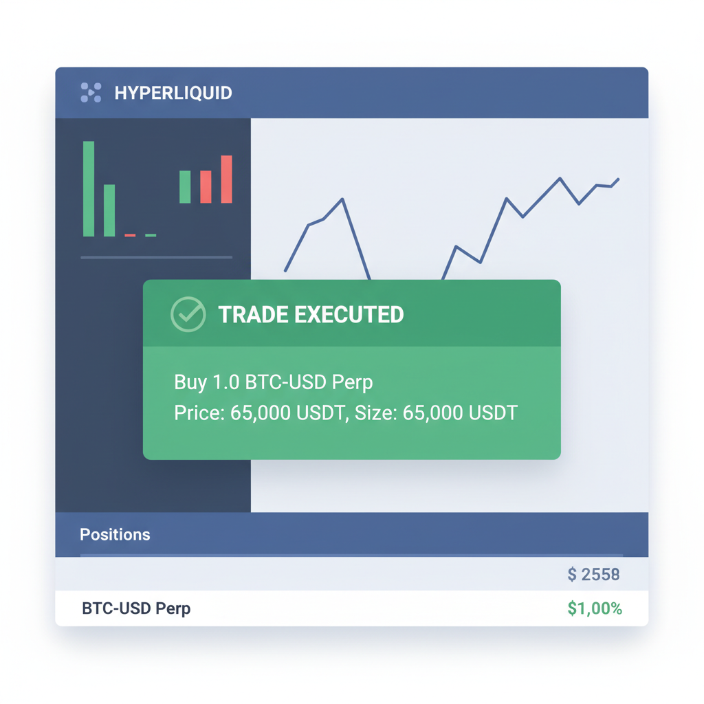 executed trade confirmation on hyperliquid, funding rate ticker and oil volatility graph