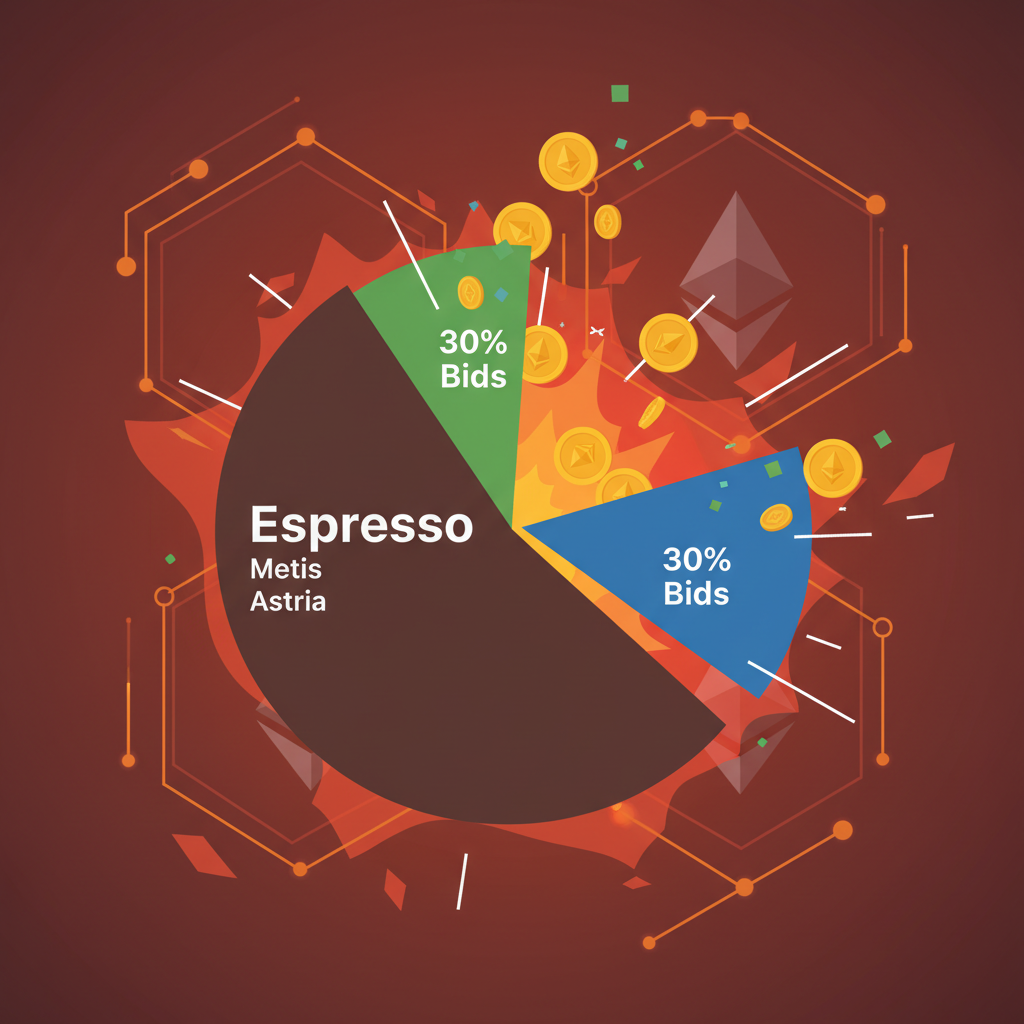 explosive pie chart allocating 40/30/30 bids to Espresso Metis Astria, golden coins flying, Ethereum blockchain background fiery