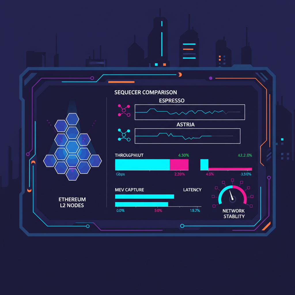 cyberpunk dashboard comparing Espresso Astria Metis sequencers, neon charts metrics throughput MEV, futuristic Ethereum L2 nodes glowing