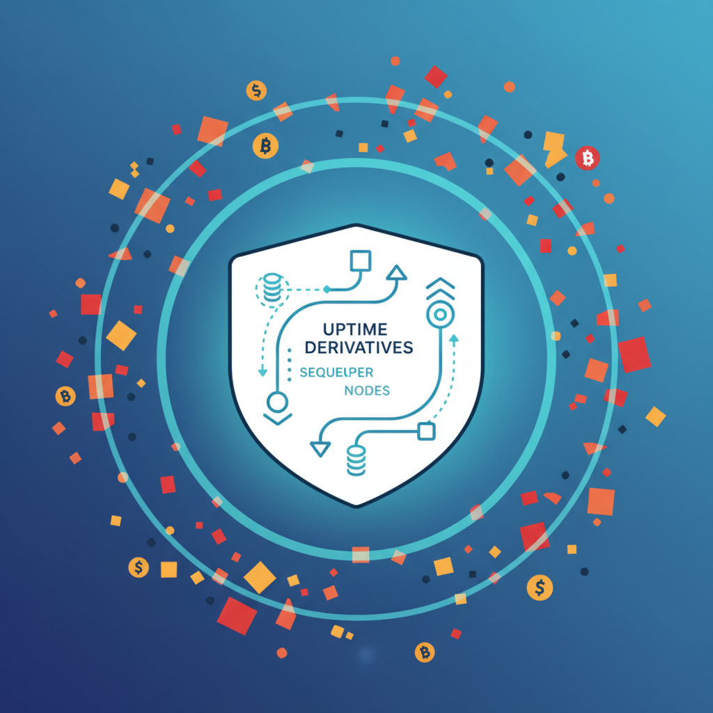 shield icon integrating uptime derivatives over sequencer nodes, glowing protective barriers, crypto derivatives contracts exploding