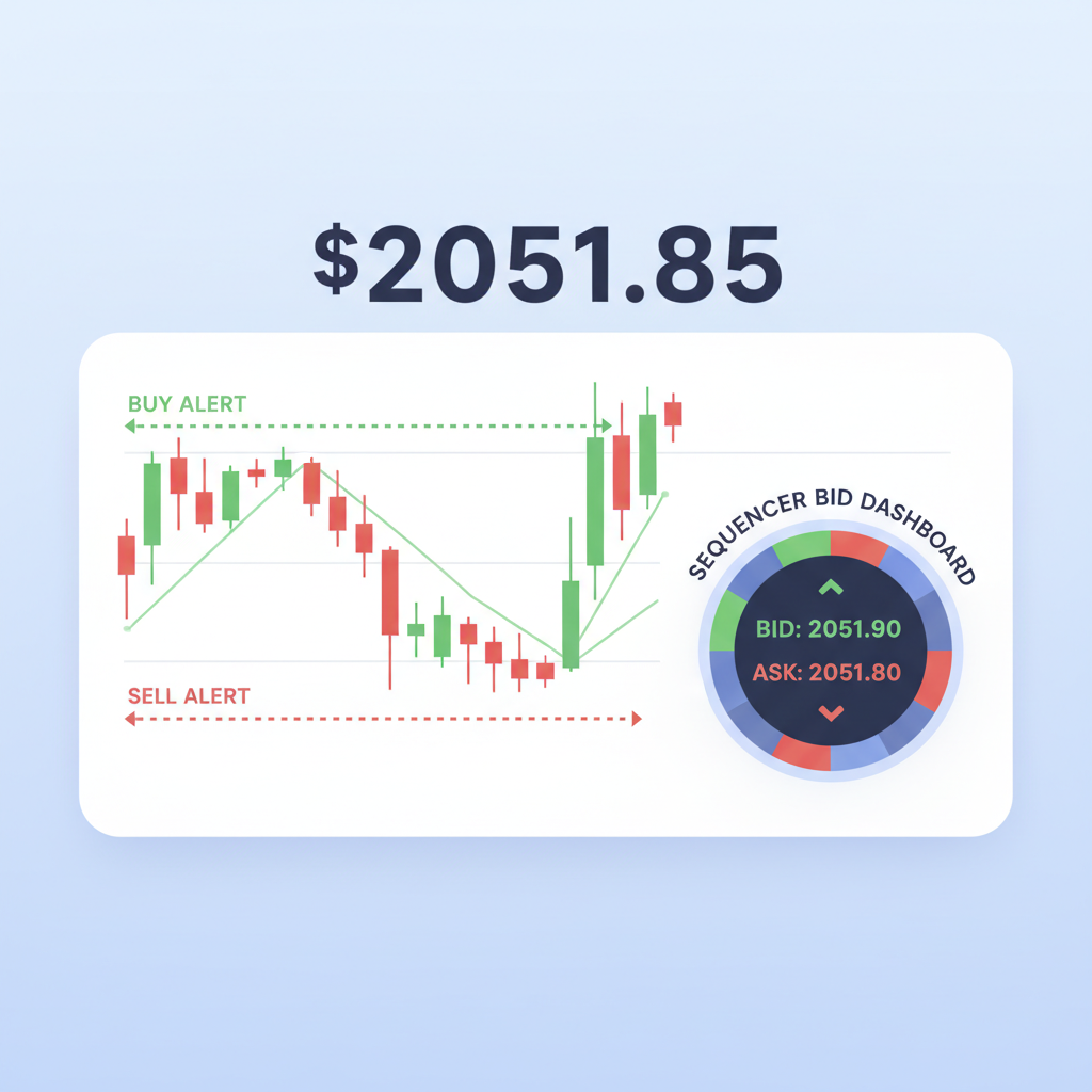 real-time ETH price chart at $2051.85 with alert triggers, red green candlesticks, sequencer bid dashboard pulsing