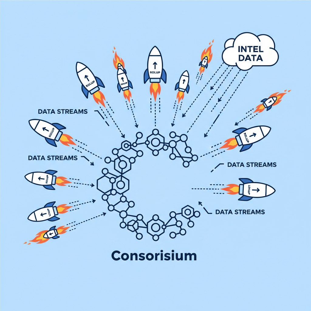 massive consortium network scaling sequencers, interconnected L2 rollups blasting off, intel data streams fiery rockets