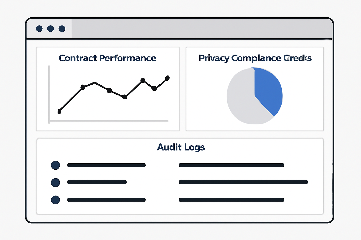 A dashboard with charts showing contract performance, privacy compliance checks, and audit logs.