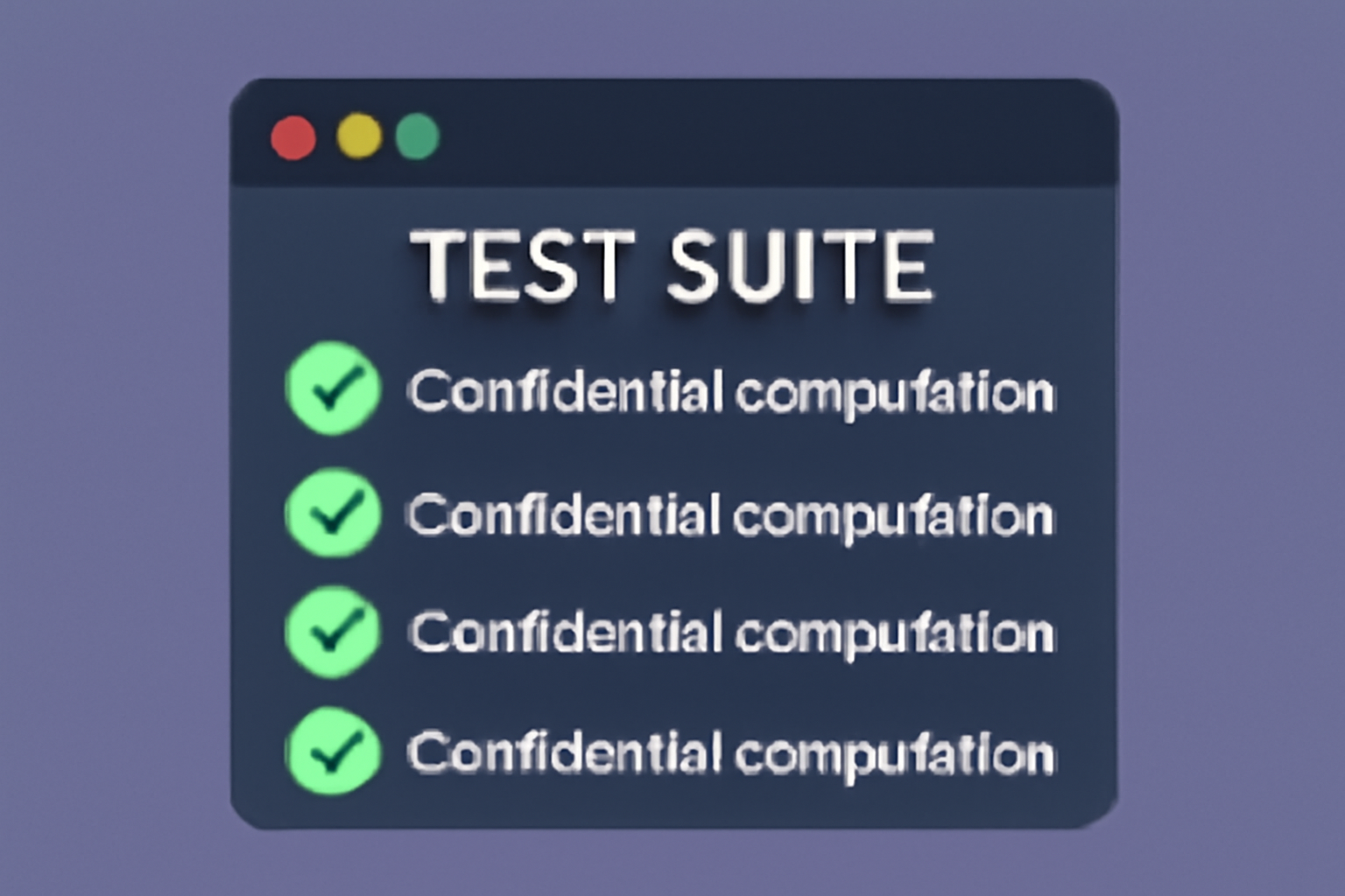 A test suite running in a terminal, with green checkmarks indicating successful confidential computations.