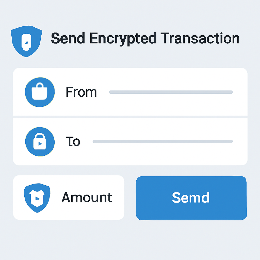 A user interface for sending encrypted transactions, with lock icons and shield motifs indicating privacy.