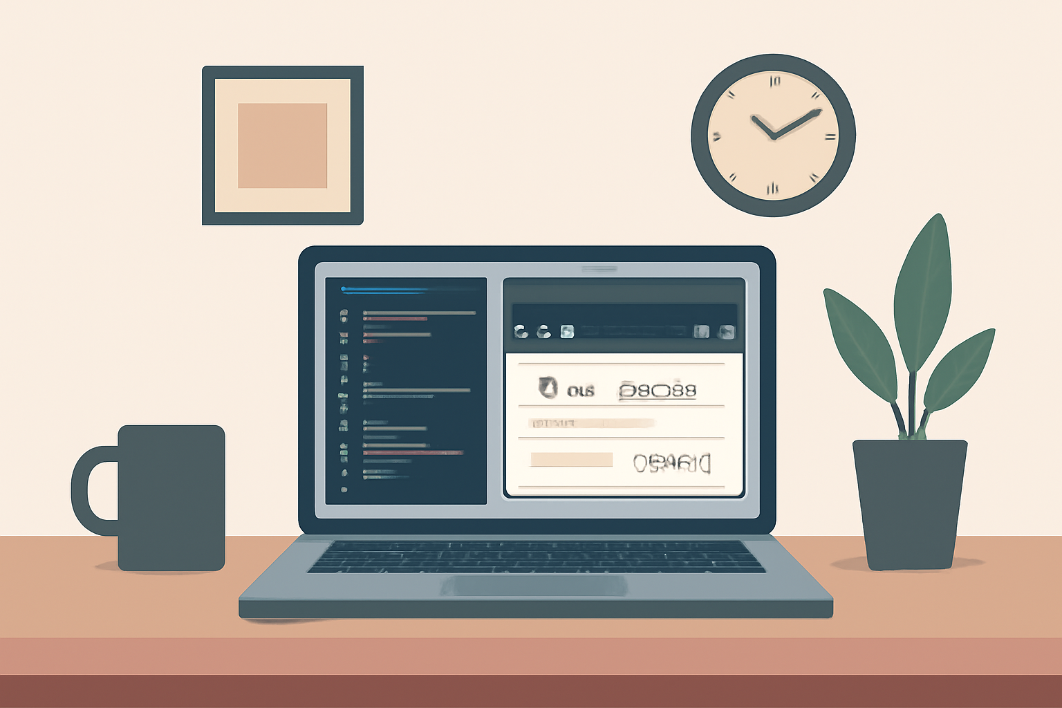 A developer's workspace with a laptop displaying code, terminal open, and the Zama FHEVM GitHub page visible, modern and professional.
