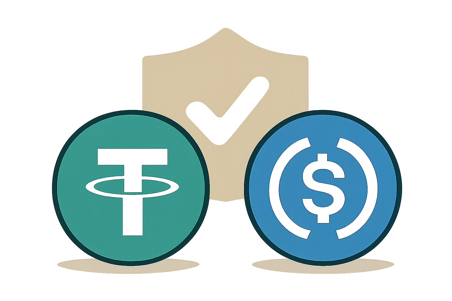 Logos of USDT and USDC side by side, with a secure shield in the background.