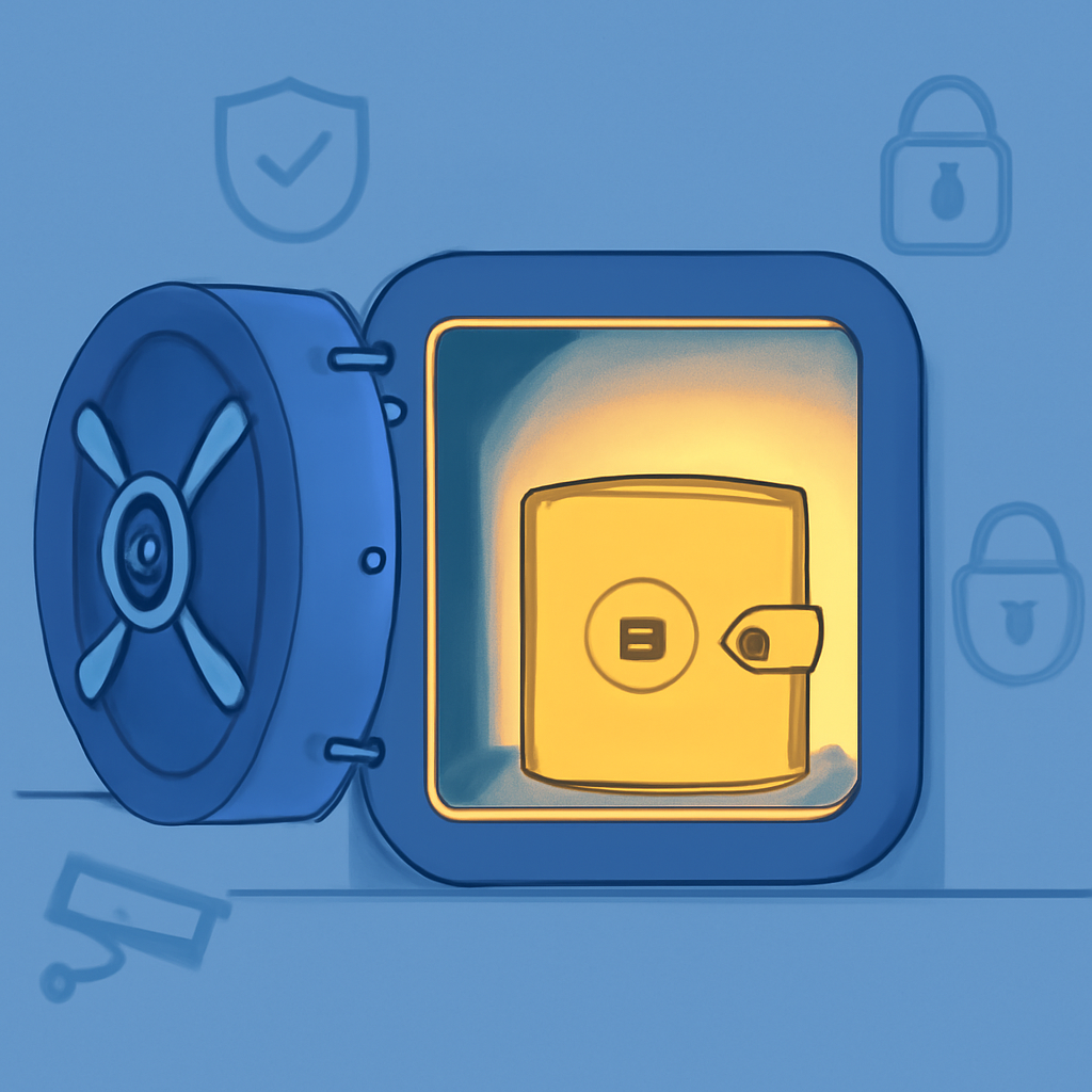 A vault door with a glowing crypto wallet inside, surrounded by security icons.
