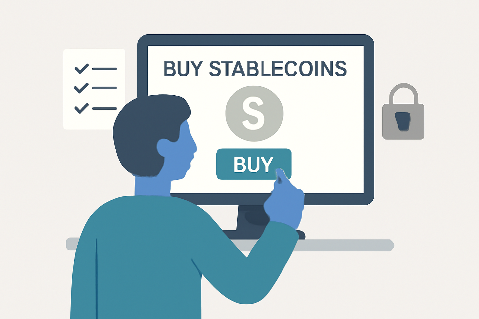 A user buying stablecoins on a computer screen, with a checklist and security lock icon.