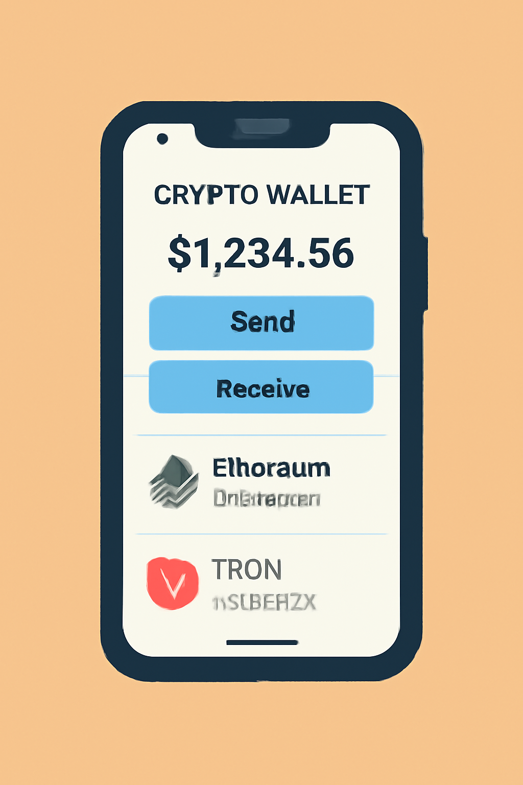 A smartphone displaying a crypto wallet app, with Ethereum and Tron logos visible.