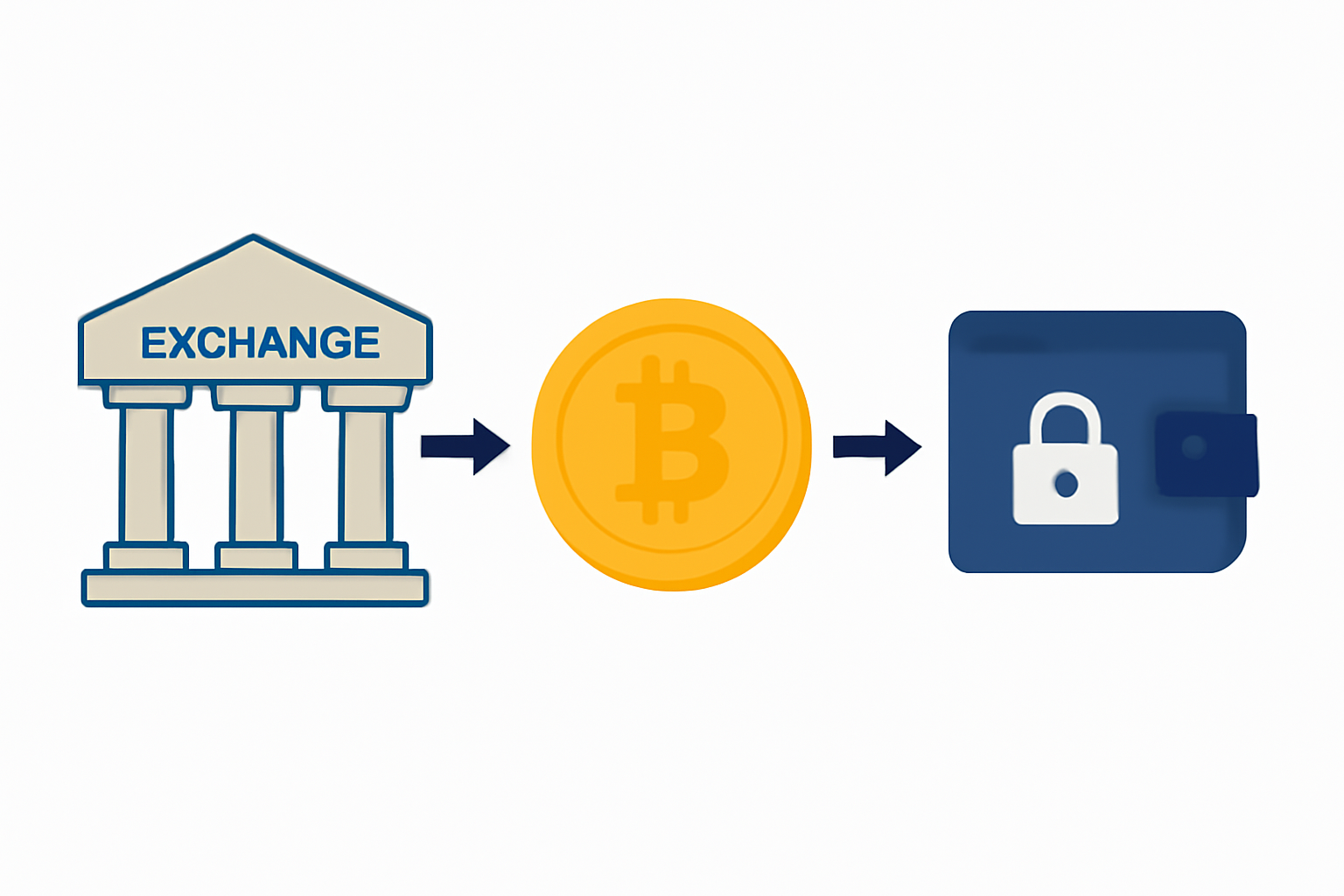 A digital coin moving from an exchange building to a secure wallet icon, with arrows indicating transfer.