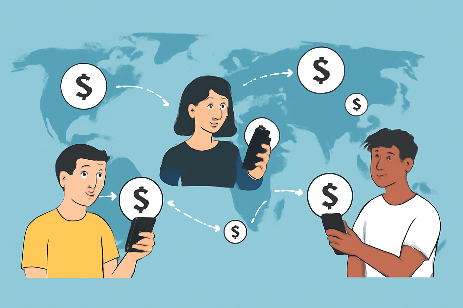 People sending stablecoins globally via smartphones, with world map and dollar symbols.