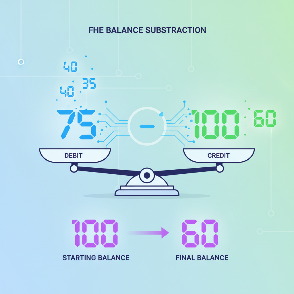 FHE balance subtraction animation, euint128 glowing numbers debiting crediting, balance scales