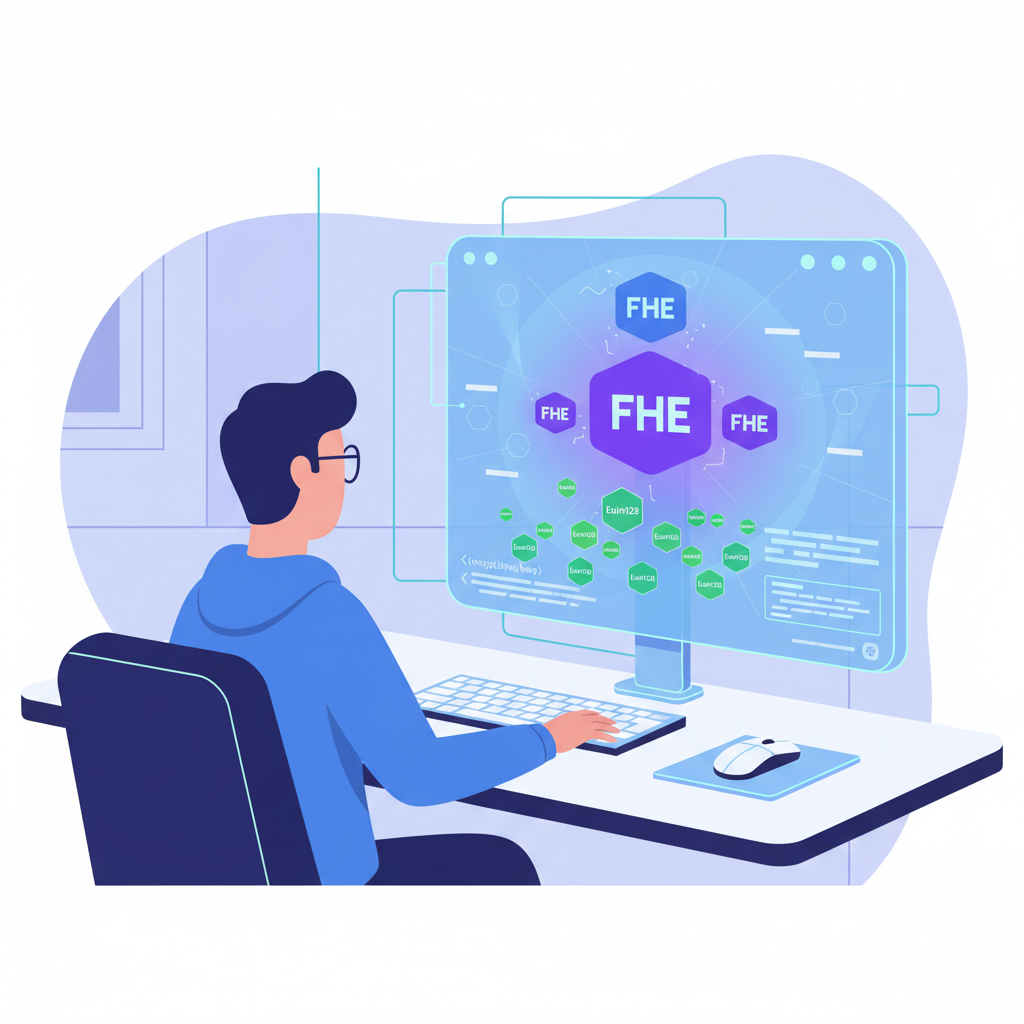 developer at desk encrypting data with glowing FHE keys and euint128 icons, futuristic UI, code snippets visible