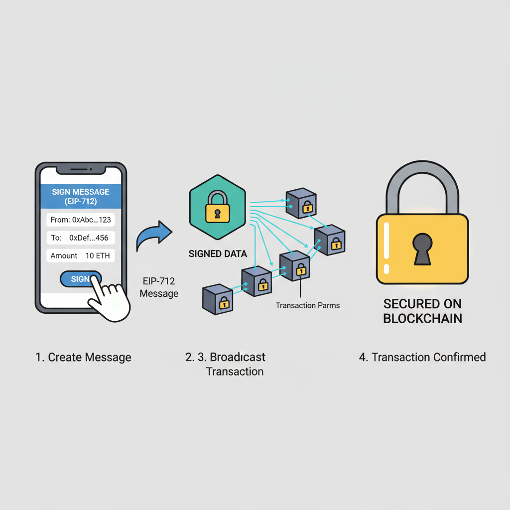 wallet signing EIP712 message, transaction params flowing into blockchain, secure lock icons