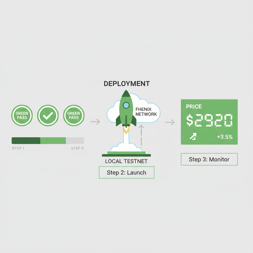 testing dashboard with green passes, deployment rocket to Fhenix network, price ticker $2920