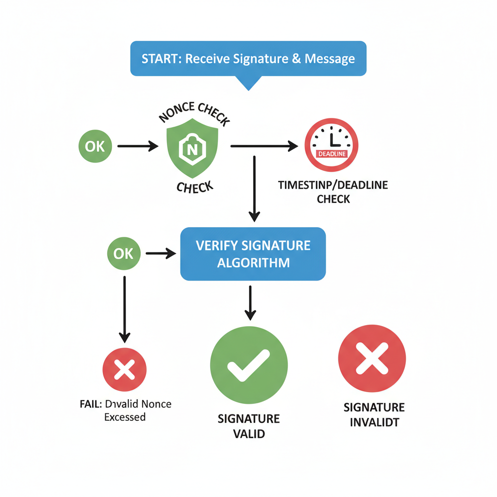 signature verification flowchart, nonce check shield, deadline clock, green checkmarks