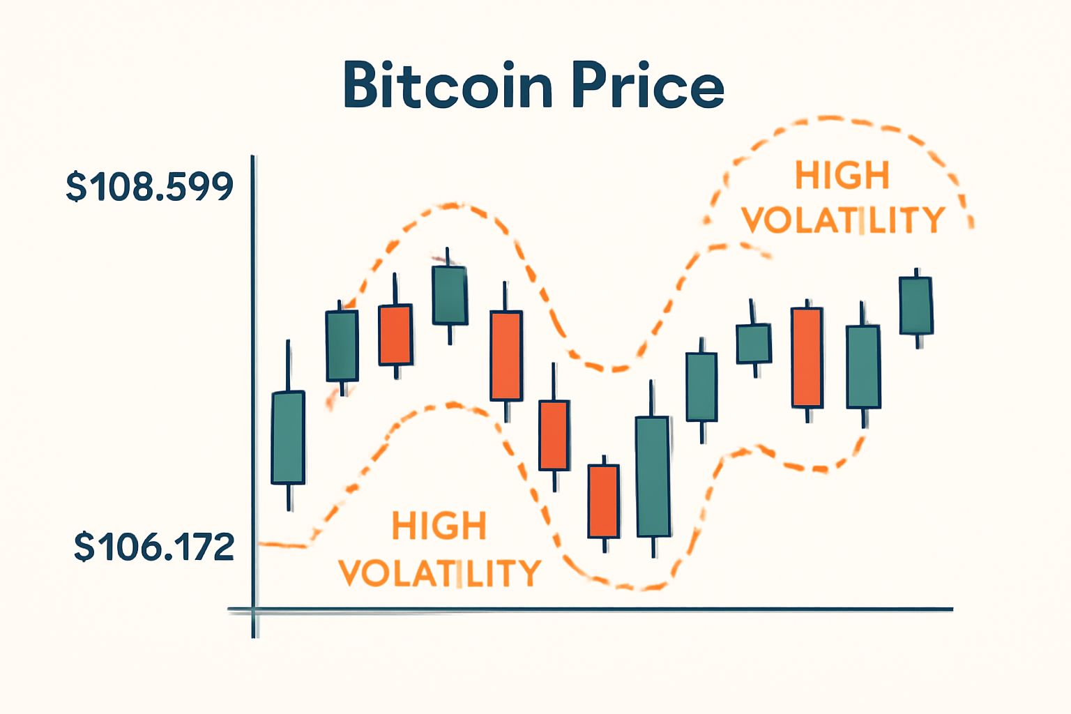 A candlestick chart showing Bitcoin price swings between $106,172 and $108,599, with volatility indicators highlighted.