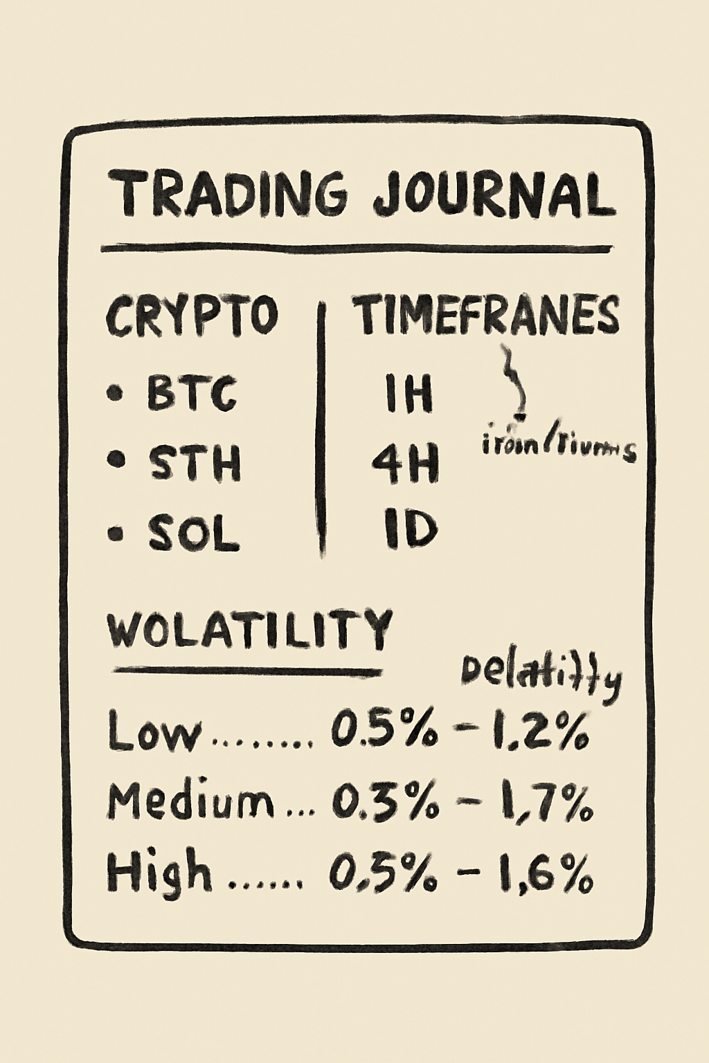 A trading journal page with handwritten notes on selected crypto stocks, timeframes, and volatility data.