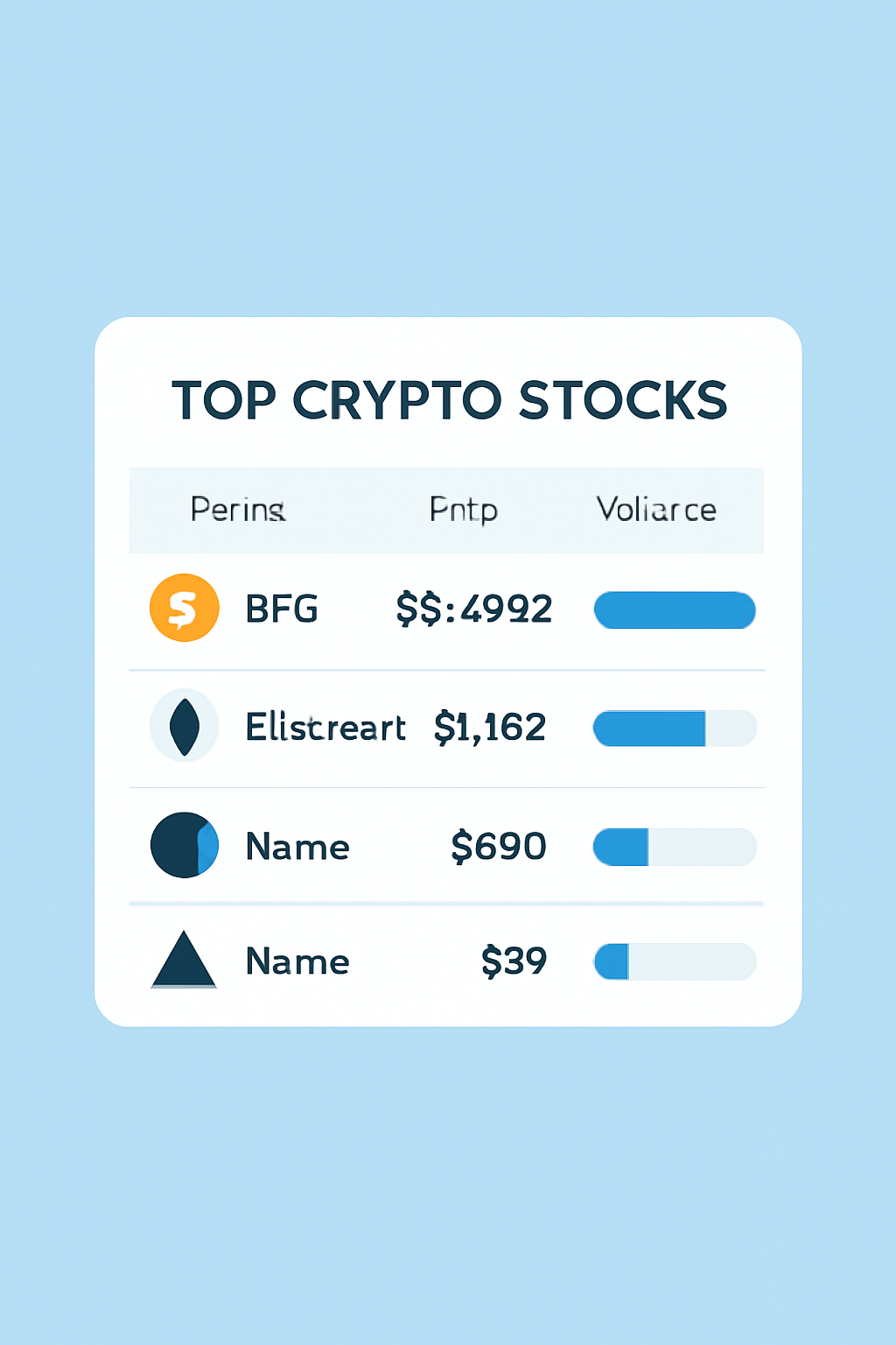 A list of top crypto stocks with trading volumes and liquidity bars, featuring Bitcoin and Ethereum at current prices.