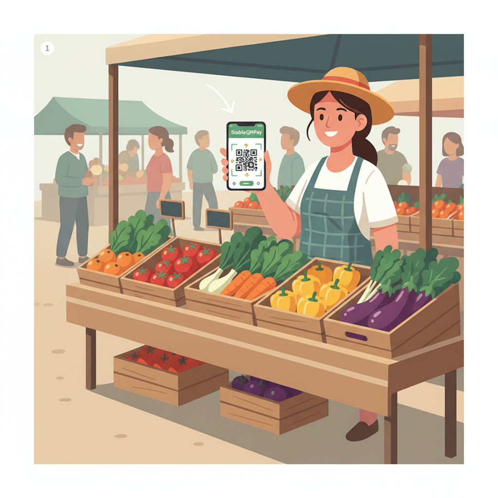 farmer vendor holding smartphone with StableQRPay app open, colorful market stall with veggies, dynamic lighting