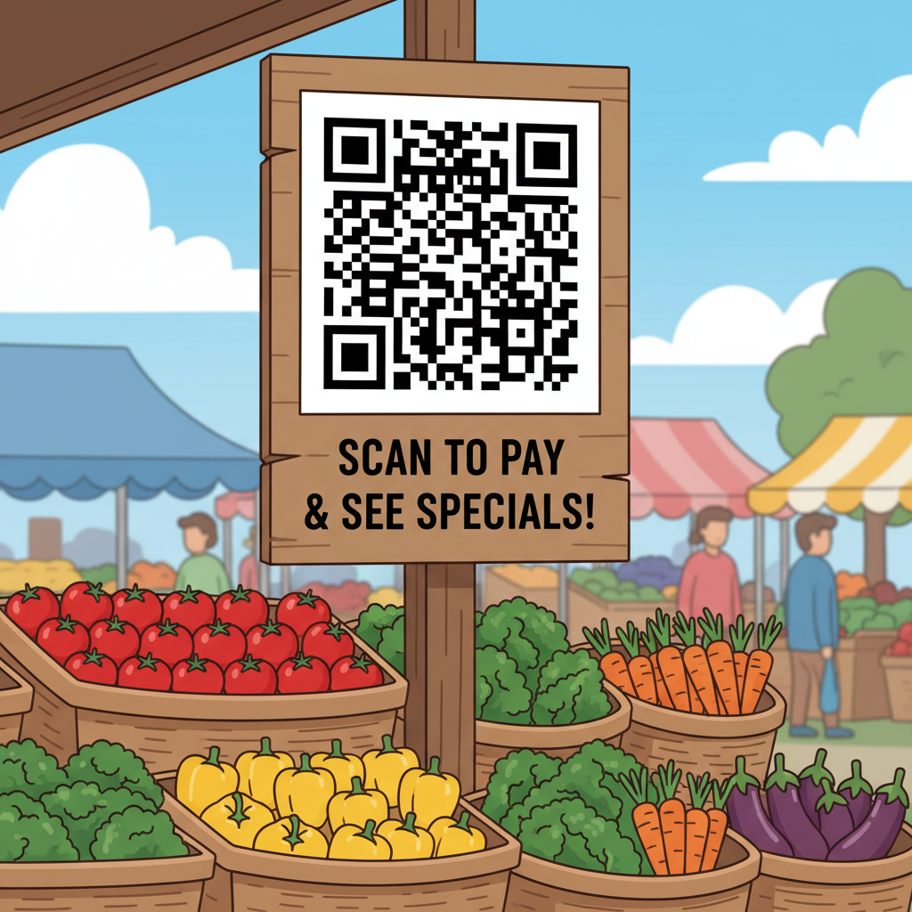 closeup of large printed QR code on farmers market stall sign, fresh produce display, vibrant outdoor market scene