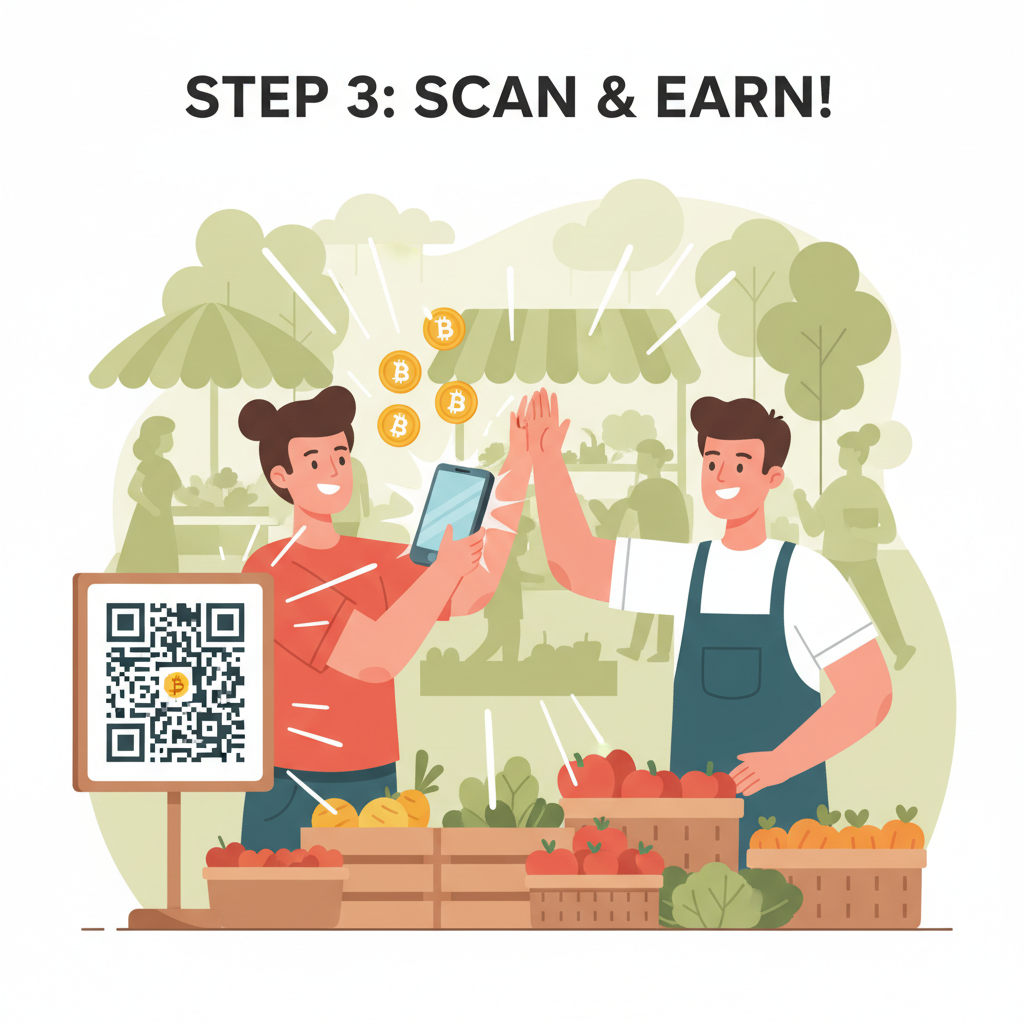 customer scanning QR code with phone at busy farmers stall, vendor high-fiving, digital coins glowing, energetic market vibe