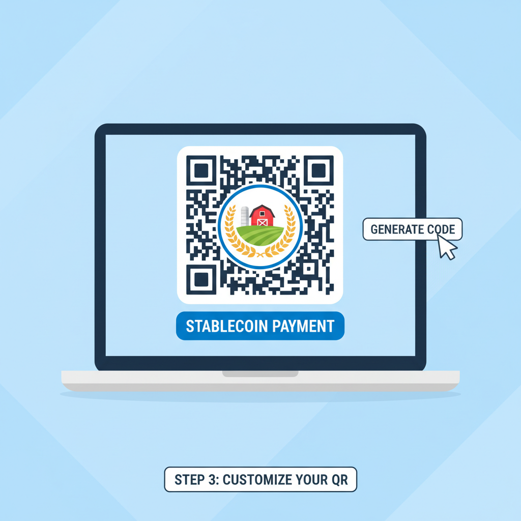customizing QR code with farm logo and stablecoin text on laptop