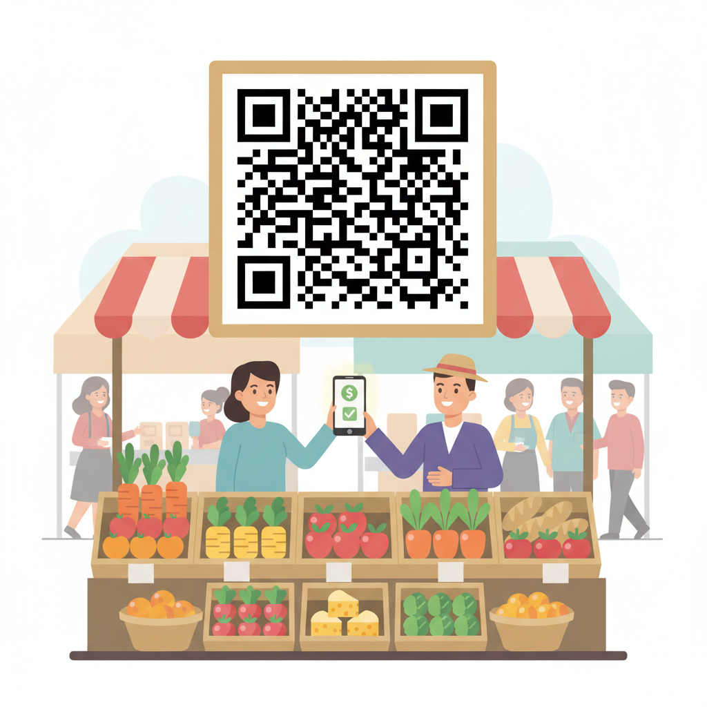 busy farmers market stall with giant QR code, customer scanning phone to pay