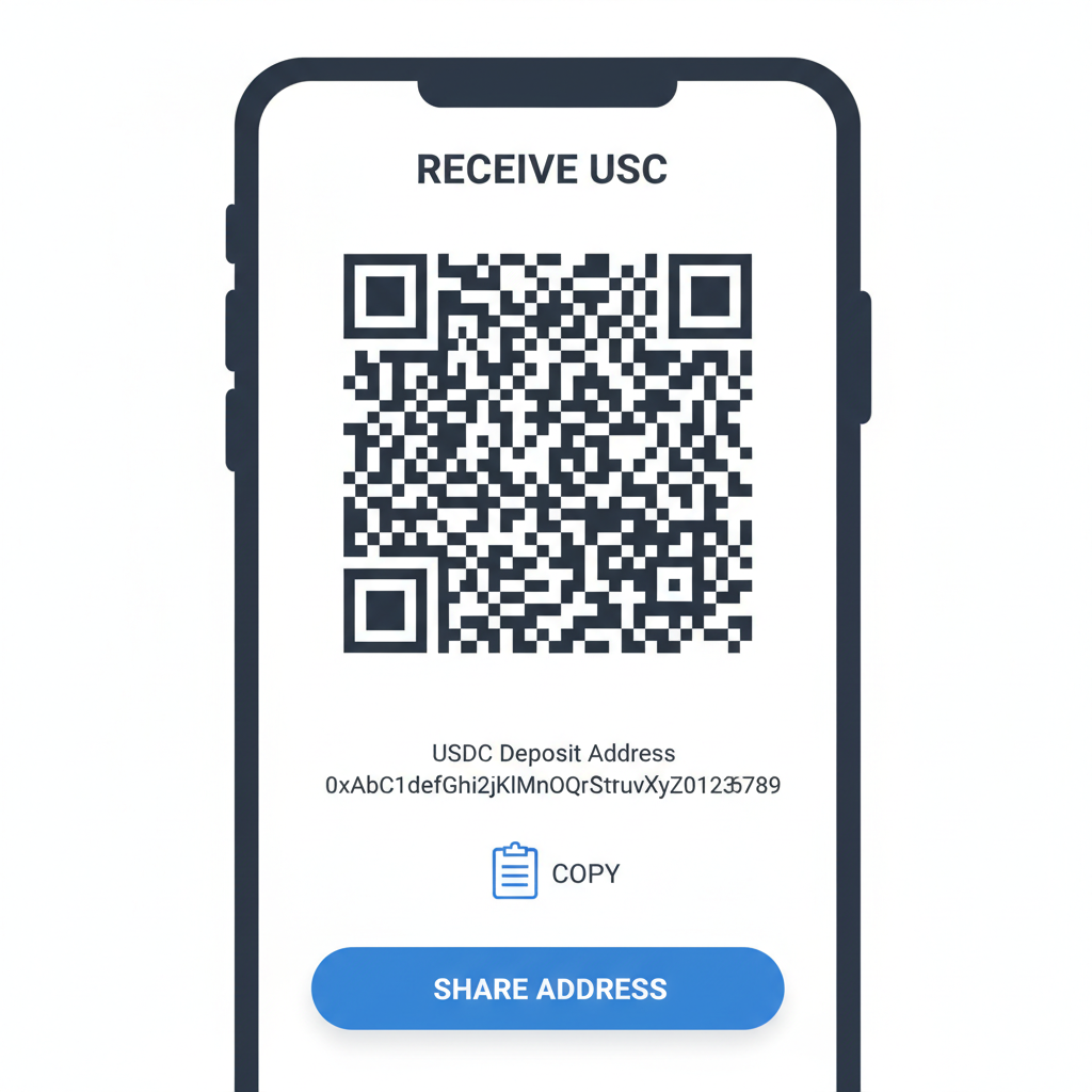 closeup of crypto wallet screen showing USDC deposit address QR code