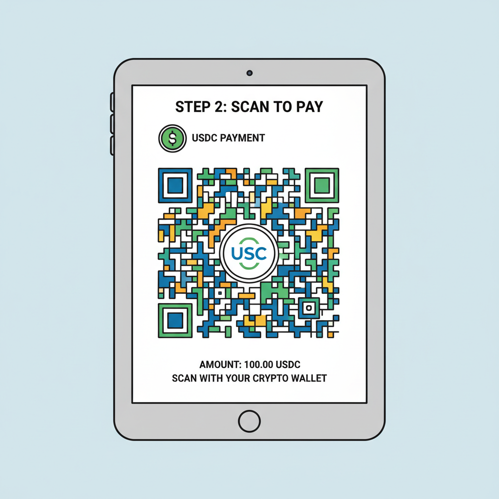 screen generating large colorful QR code for USDC stablecoin payment