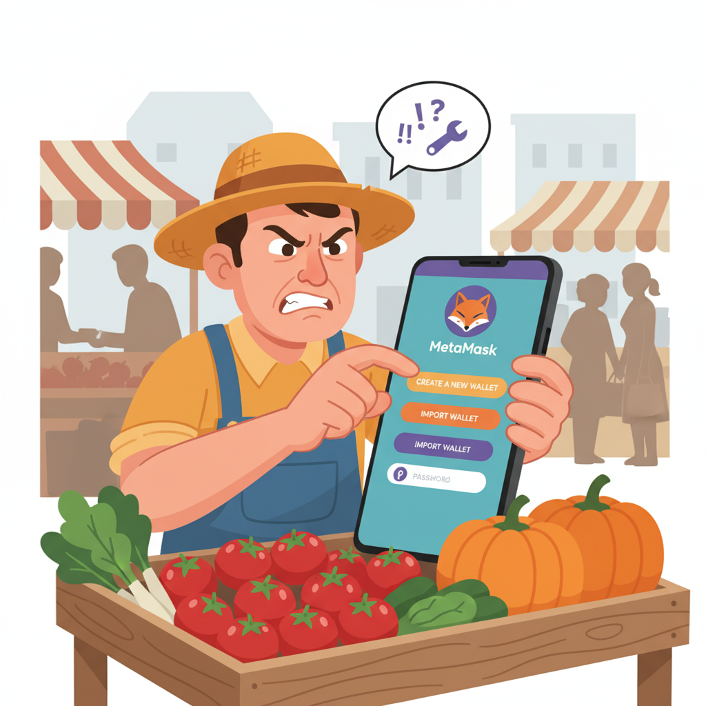 farmer aggressively setting up MetaMask wallet on smartphone at bustling market stall
