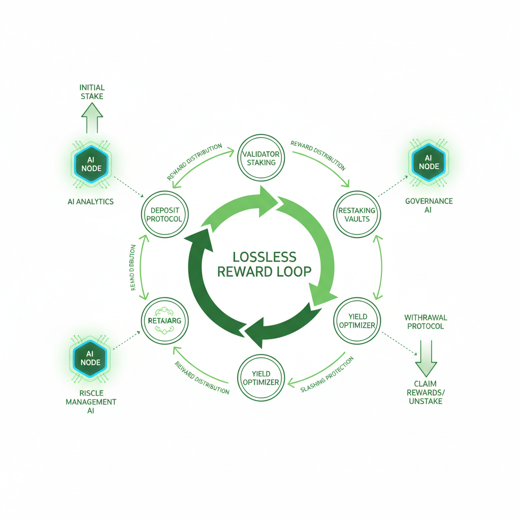 dynamic restaking cycle diagram with lossless arrows looping protocols, AI nodes pulsing, green secure flow, technical schematic