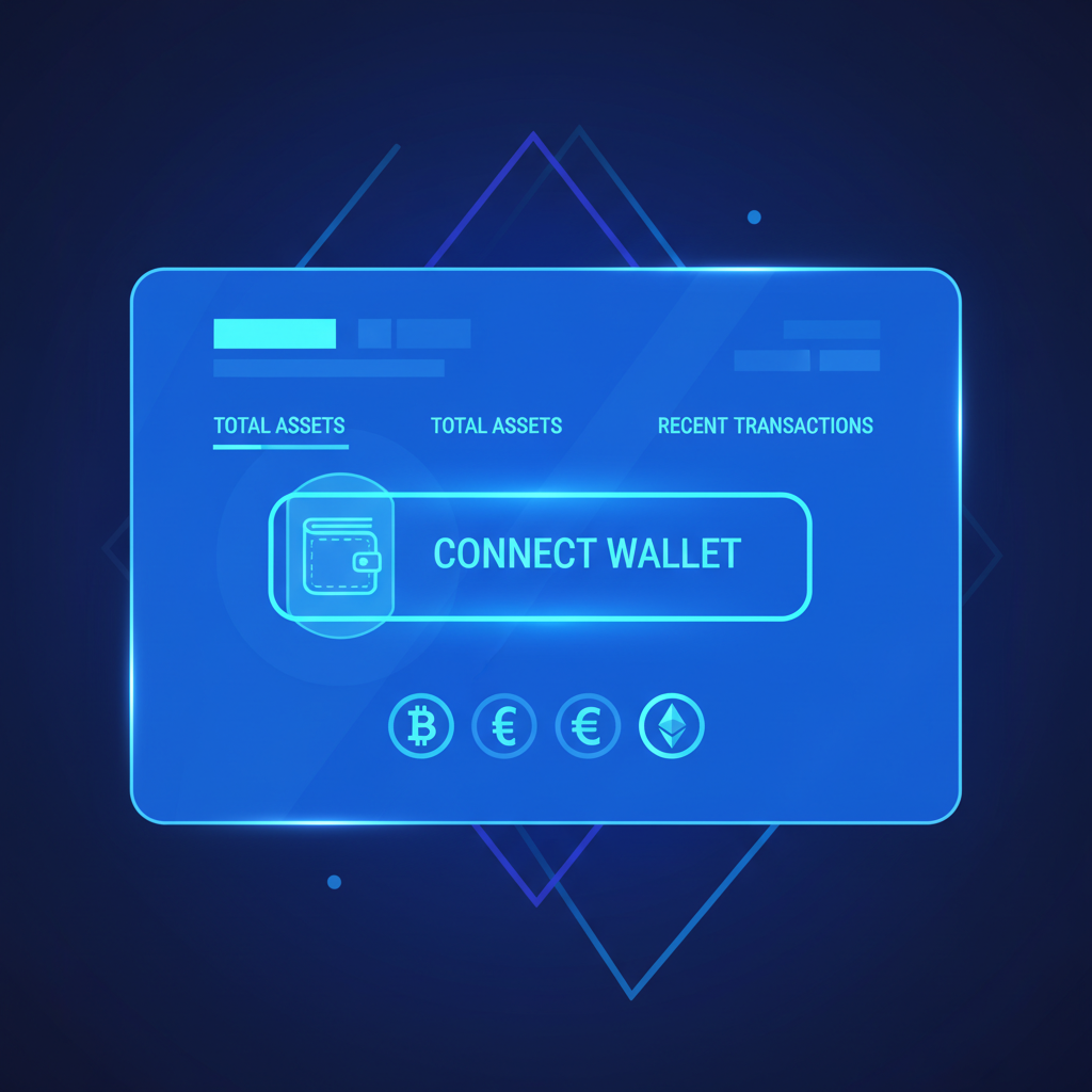 sleek futuristic DeFi dashboard with glowing wallet connect button, neon blue interface, holographic wallet icon, high-tech UI