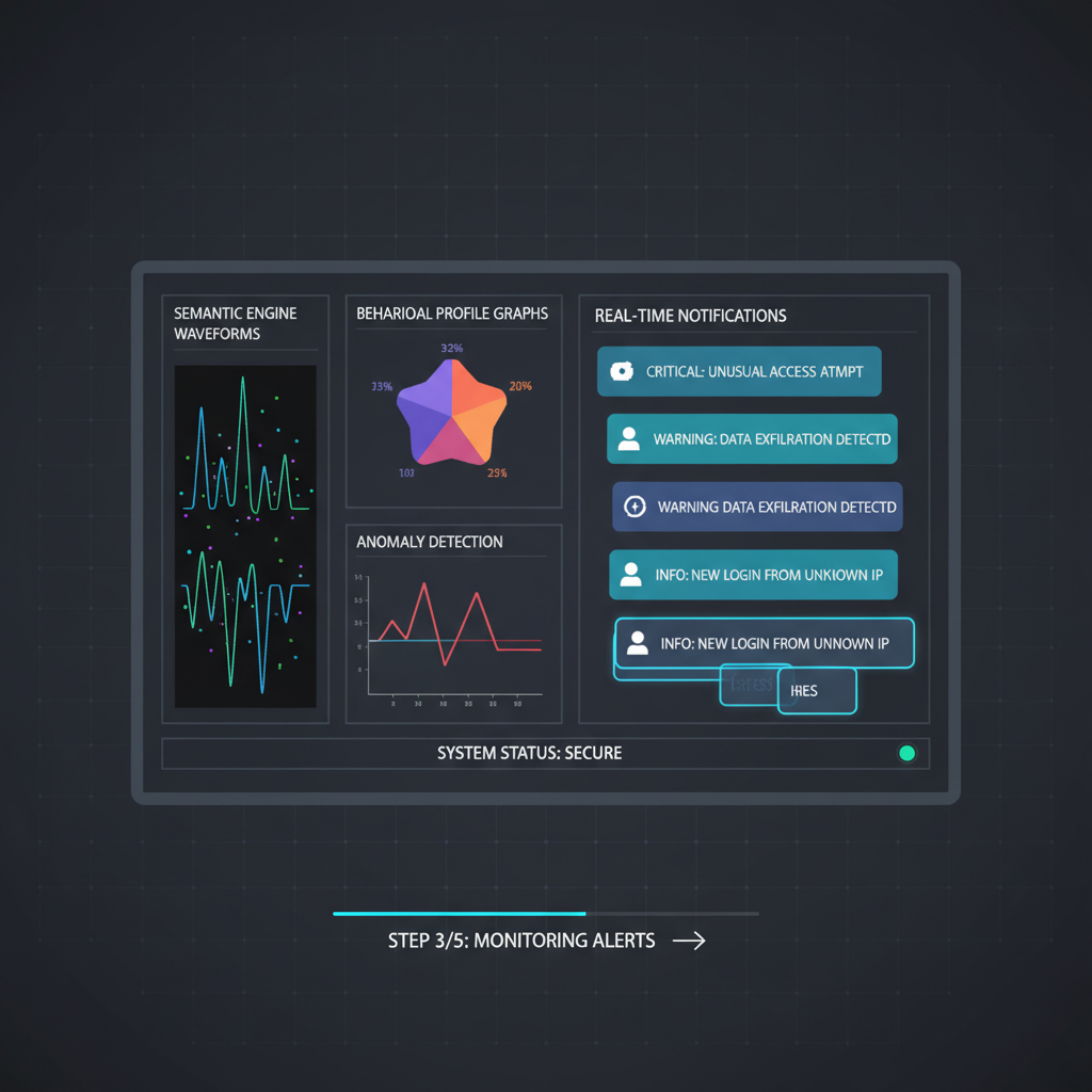 alert dashboard with semantic engine waveforms, behavioral profile graphs, real-time notifications popping, dark mode tech
