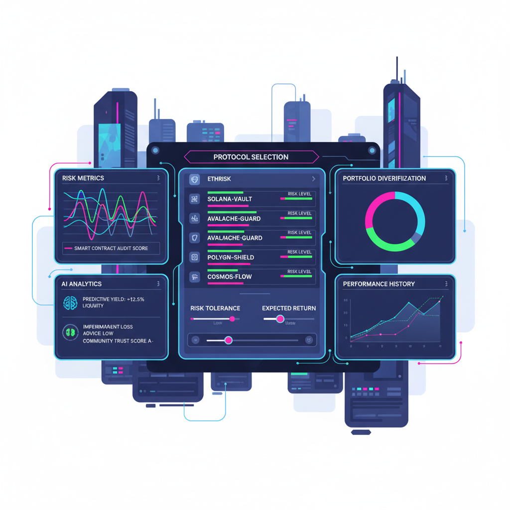 DeFi protocol selection interface with risk sliders and charts, AI metrics graphs, modular panels, cyberpunk aesthetic